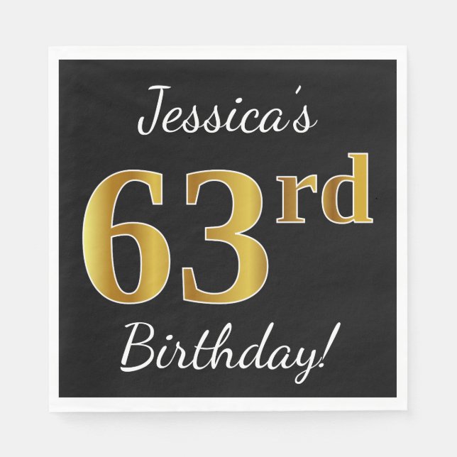 Black, Faux Gold 63rd Birthday + Custom Name Napkins (Front)