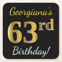 Black, Faux Gold 63rd Birthday + Custom Name