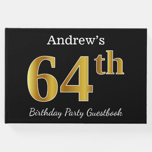 Black Faux Gold 64th Birthday Party  Custom Name Guest Book