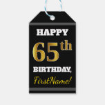 [ Thumbnail: Black, Faux Gold 65th Birthday + Custom Name Gift Tags ]