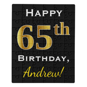 Black, Faux Gold 65th Birthday + Custom Name Jigsaw Puzzle