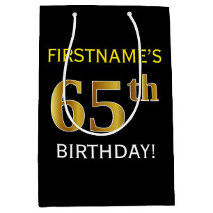 Black, Faux Gold 65th Birthday + Custom Name Medium Gift Bag