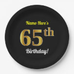 [ Thumbnail: Black, Faux Gold 65th Birthday + Custom Name Paper Plates ]
