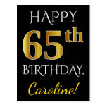 [ Thumbnail: Black, Faux Gold 65th Birthday + Custom Name Postcard ]