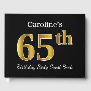 Black, Faux Gold 65th Birthday Party + Custom Name Guest Book