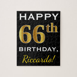 Black, Faux Gold 66th Birthday + Custom Name Jigsaw Puzzle