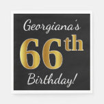 [ Thumbnail: Black, Faux Gold 66th Birthday + Custom Name Napkin ]