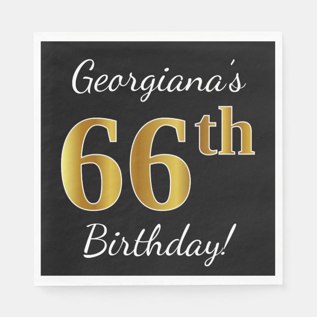 Black, Faux Gold 66th Birthday + Custom Name Napkins (Front)
