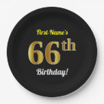 [ Thumbnail: Black, Faux Gold 66th Birthday + Custom Name Paper Plates ]