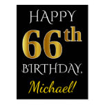 [ Thumbnail: Black, Faux Gold 66th Birthday + Custom Name Postcard ]