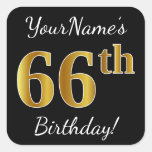 [ Thumbnail: Black, Faux Gold 66th Birthday + Custom Name Sticker ]