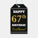 [ Thumbnail: Black, Faux Gold 67th Birthday + Custom Name Gift Tags ]