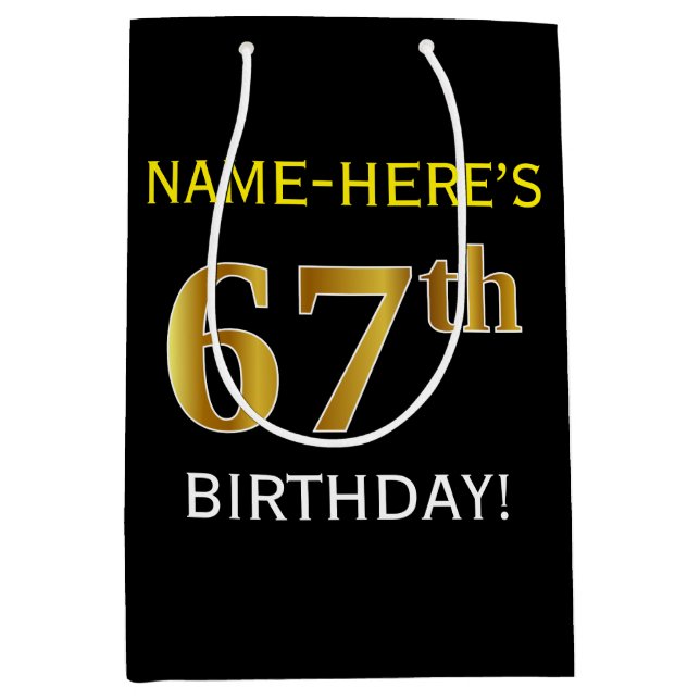 Black, Faux Gold 67th Birthday + Custom Name Medium Gift Bag (Front)