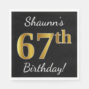 Black, Faux Gold 67th Birthday + Custom Name Napkins