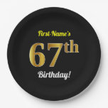 [ Thumbnail: Black, Faux Gold 67th Birthday + Custom Name Paper Plates ]