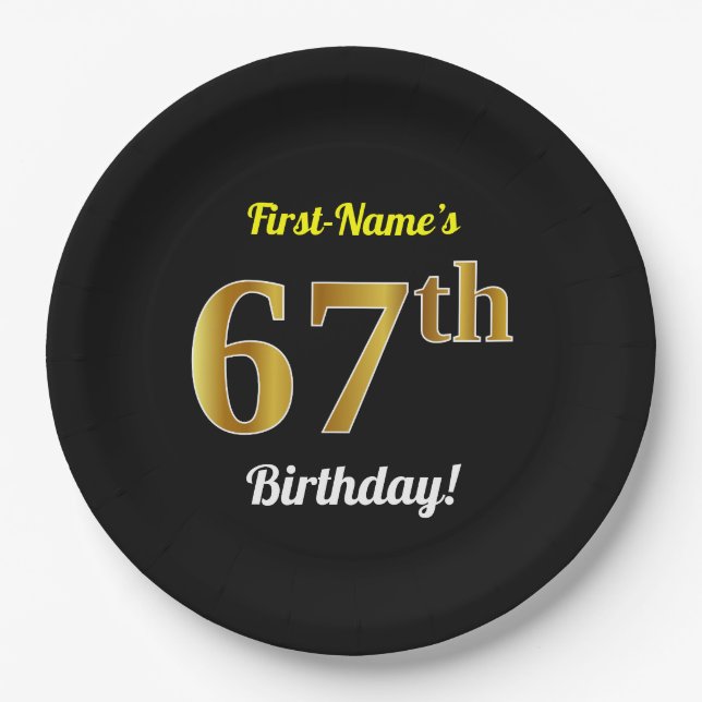 Black, Faux Gold 67th Birthday + Custom Name Paper Plates (Front)