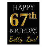 [ Thumbnail: Black, Faux Gold 67th Birthday + Custom Name Postcard ]