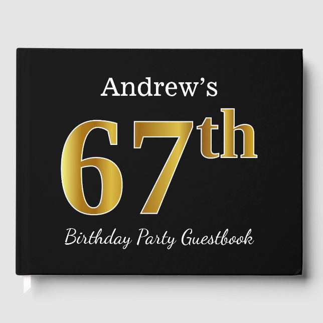Black, Faux Gold 67th Birthday Party + Custom Name Guest Book (Front)