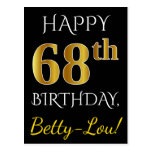 [ Thumbnail: Black, Faux Gold 68th Birthday + Custom Name Postcard ]