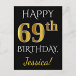 [ Thumbnail: Black, Faux Gold 69th Birthday + Custom Name Postcard ]