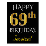[ Thumbnail: Black, Faux Gold 69th Birthday + Custom Name Postcard ]