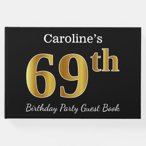 Black Faux Gold 69th Birthday Party  Custom Name Guest Book