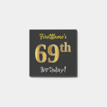 [ Thumbnail: Black, Faux Gold 69th Birthday, With Custom Name Notes ]