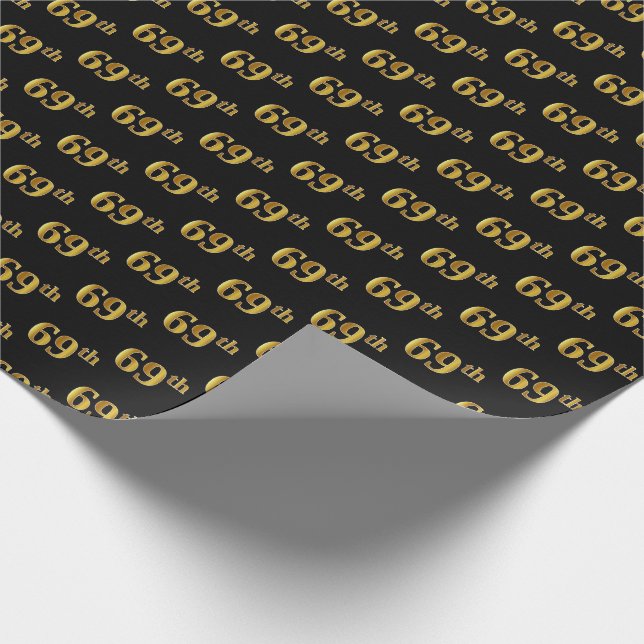 Black, Faux Gold 69th (Sixty-Ninth) Event Wrapping Paper (Corner)
