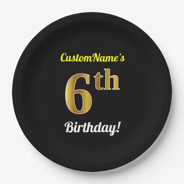 Black, Faux Gold 6th Birthday + Custom Name Paper Plates (Front)
