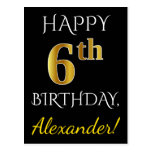 [ Thumbnail: Black, Faux Gold 6th Birthday + Custom Name Postcard ]