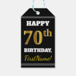 [ Thumbnail: Black, Faux Gold 70th Birthday + Custom Name Gift Tags ]