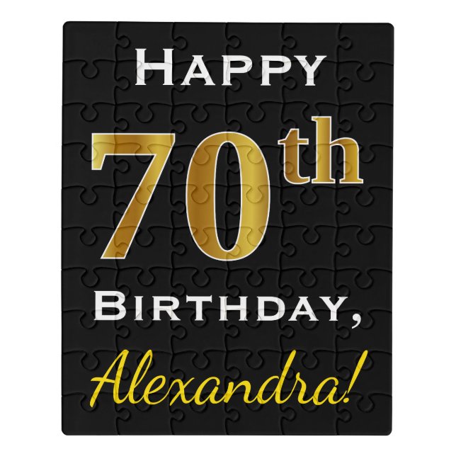 Black, Faux Gold 70th Birthday + Custom Name Jigsaw Puzzle (Puzzle Vertical)