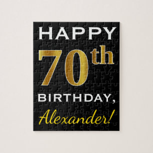 Black, Faux Gold 70th Birthday + Custom Name Jigsaw Puzzle
