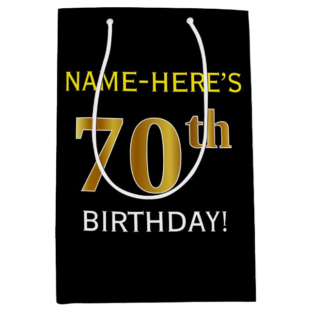 Black, Faux Gold 70th Birthday + Custom Name Medium Gift Bag (Front)