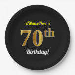 [ Thumbnail: Black, Faux Gold 70th Birthday + Custom Name Paper Plates ]