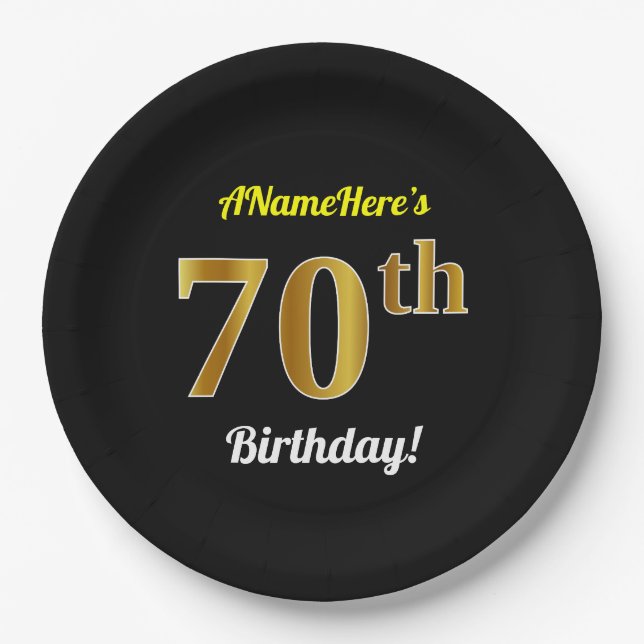Black, Faux Gold 70th Birthday + Custom Name Paper Plates (Front)