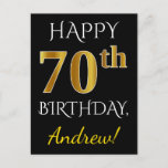 [ Thumbnail: Black, Faux Gold 70th Birthday + Custom Name Postcard ]