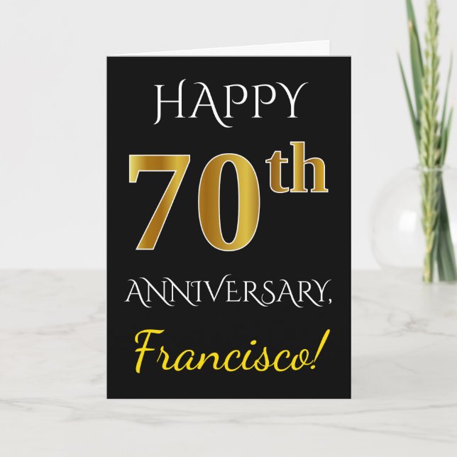 Black, Faux Gold 70th Wedding Anniversary + Name Card (Front)
