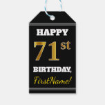 [ Thumbnail: Black, Faux Gold 71st Birthday + Custom Name Gift Tags ]