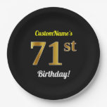 [ Thumbnail: Black, Faux Gold 71st Birthday + Custom Name Paper Plates ]