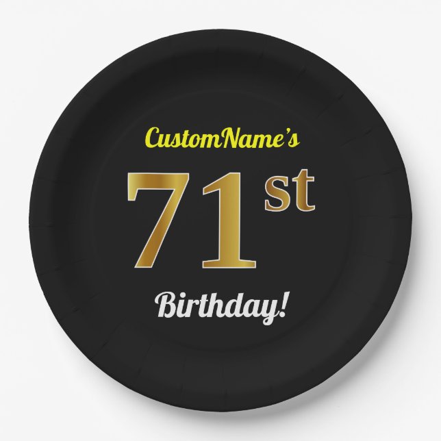 Black, Faux Gold 71st Birthday + Custom Name Paper Plates (Front)