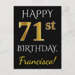 [ Thumbnail: Black, Faux Gold 71st Birthday + Custom Name Postcard ]