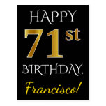 [ Thumbnail: Black, Faux Gold 71st Birthday + Custom Name Postcard ]