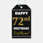 [ Thumbnail: Black, Faux Gold 72nd Birthday + Custom Name Gift Tags ]
