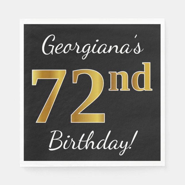 Black, Faux Gold 72nd Birthday + Custom Name Paper Napkins (Front)