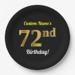 [ Thumbnail: Black, Faux Gold 72nd Birthday + Custom Name Paper Plates ]