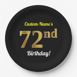 Black, Faux Gold 72nd Birthday + Custom Name Paper Plates