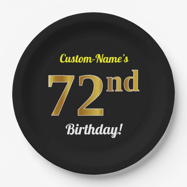 Black, Faux Gold 72nd Birthday + Custom Name Paper Plates (Front)