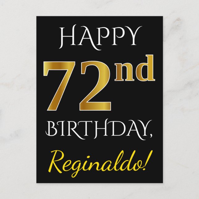 Black, Faux Gold 72nd Birthday + Custom Name Postcard (Front)