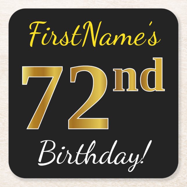Black, Faux Gold 72nd Birthday + Custom Name Square Paper Coaster (Front)